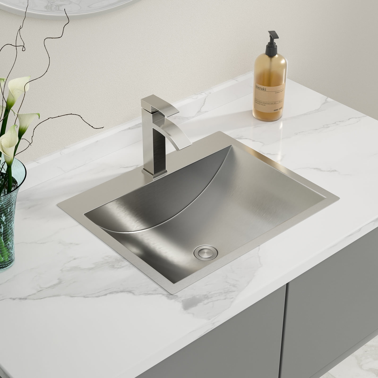 Logmey Stainless Steel Bathroom Sink Single Hole 21x17 Inch Drop-In Brushed Nickel Bathroom Vanity Basin with Pop-Up Drain