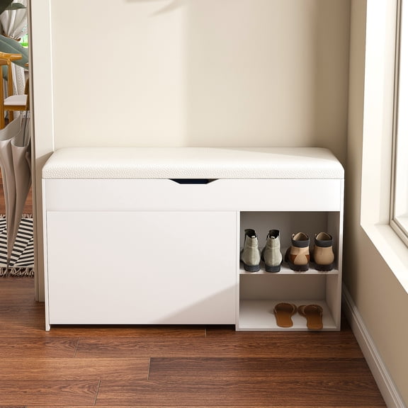 3-Tier Entryway Bench with Shoe Storage, Flip-up Hidden Cabinet & Adjustable Shelves, Space-Saving Modern Shoe Organizer Bench for Hallway and Living Room, White