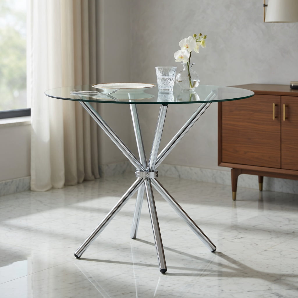 Hommoo Modern Round Clear Glass Dining Table for 4-6 People, 36.6" Diameter, Ring Metal Legs, Space-Saving Design for Dining Room, Kitchen, Balcony & Home Office, Silver