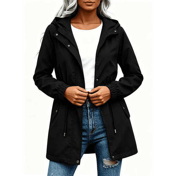 Busydd Womens Rain Jacket Casual Solid Color Long Sleeve Rain Coat Trendy Adjustable Waist Full Zip Button Waterproof Windbreaker Jacket with Pockets S