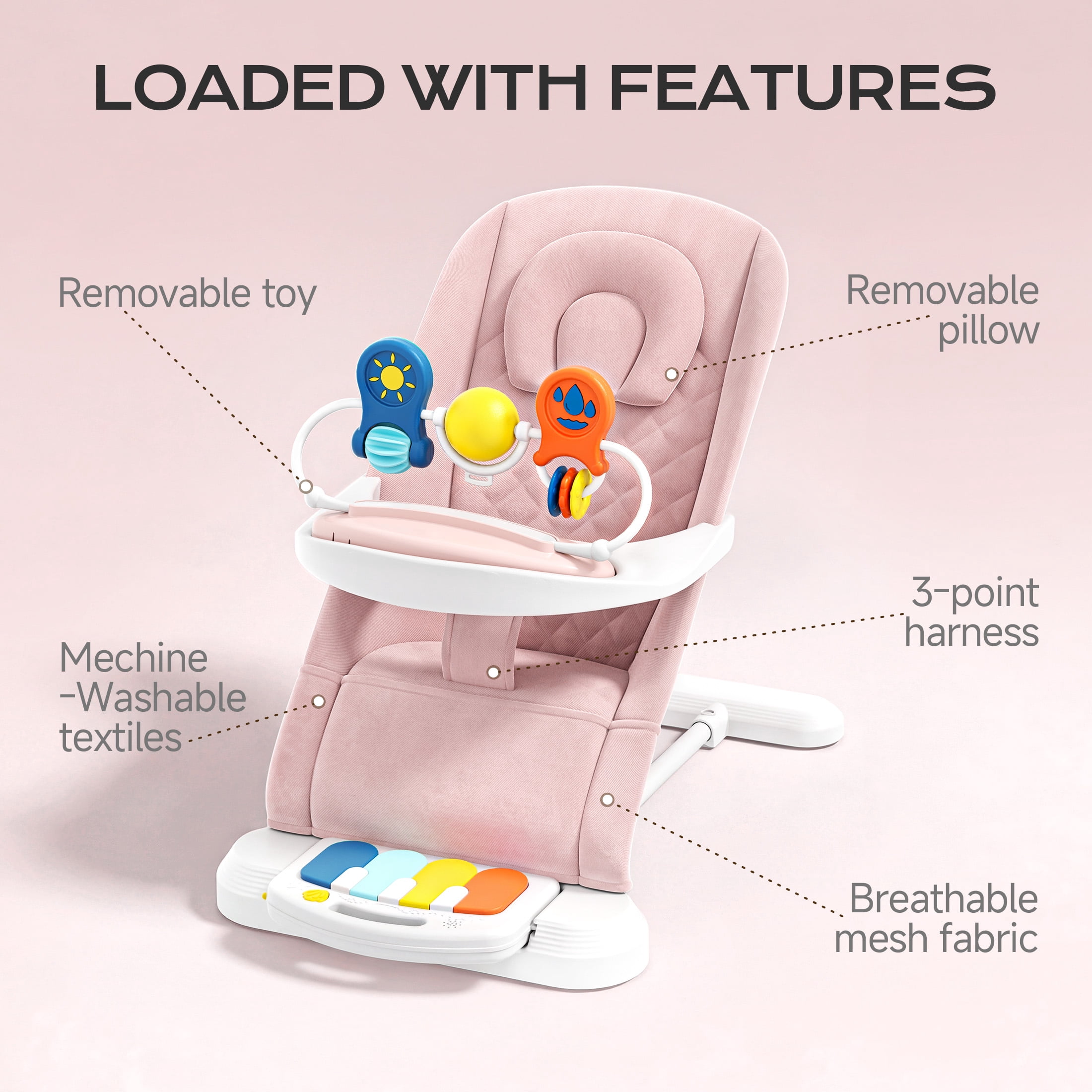 Babyomi 4 in 1 Baby Bouncer, 3-Level Recline Foldable Rocker for Infant to Toddler 0-6 with Detachable Pianos, Feeding Tray and Play Bar 12-24 Months, Girls and Boys Gift, Pink