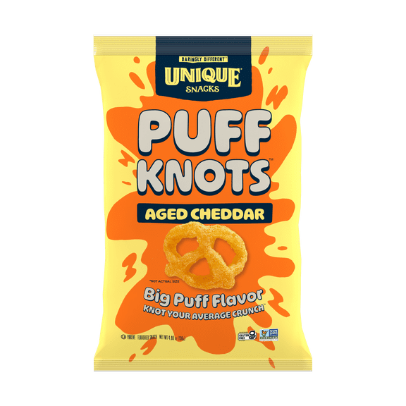 Unique Snacks Puff Knots, Aged Cheddar, Bold and Savory Cheddar Flavor with a Fun Pretzel Crunch, Gluten-Free Snacks, 4.8 Ounce Bags, Pack of 6