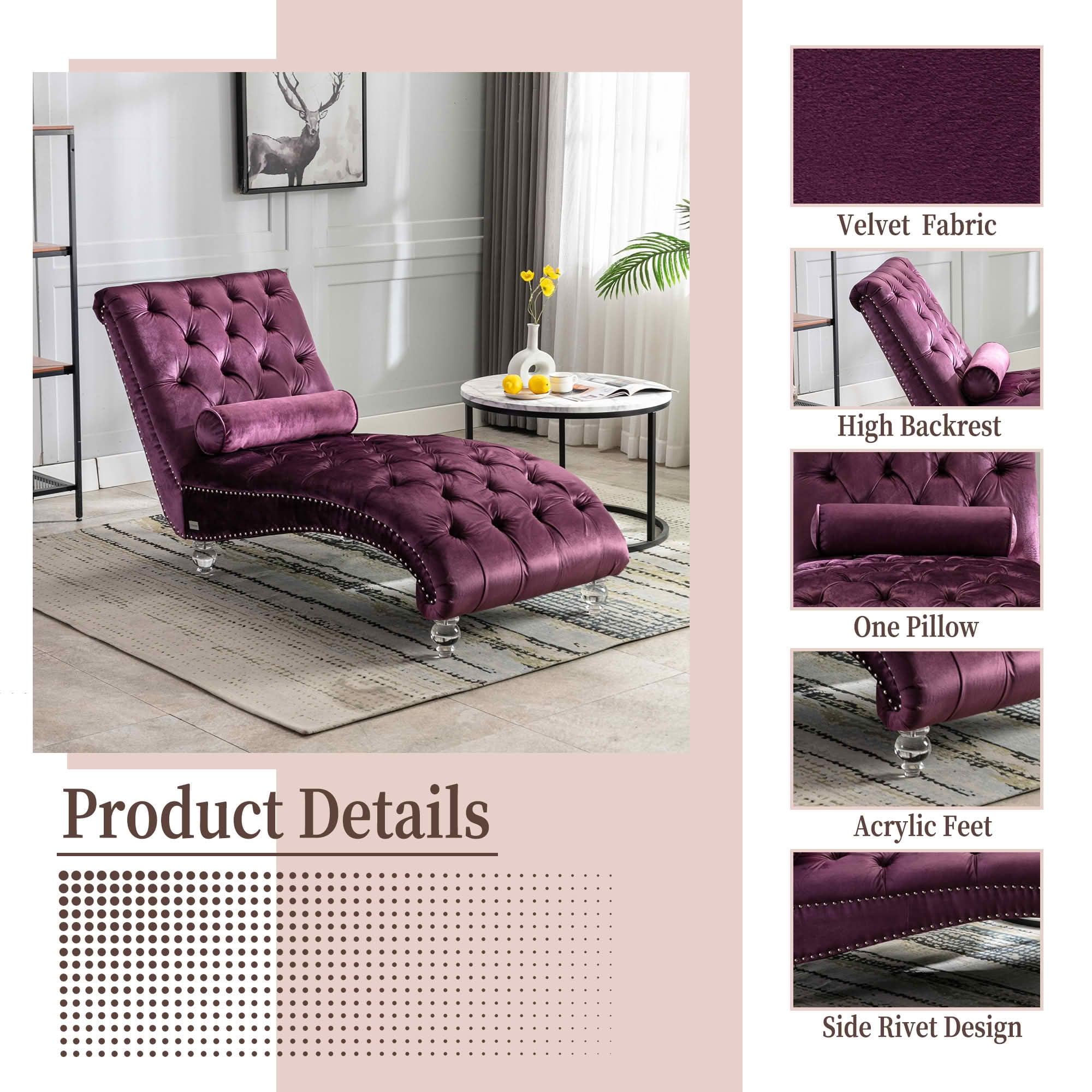 MAYEERTY Velvet Button Tufted Chaise Lounge with Pillow, Ergonomic S-Shape Indoor Lounge Chair with Wood Frame Acrylic Legs for Bedroom Living Room Office