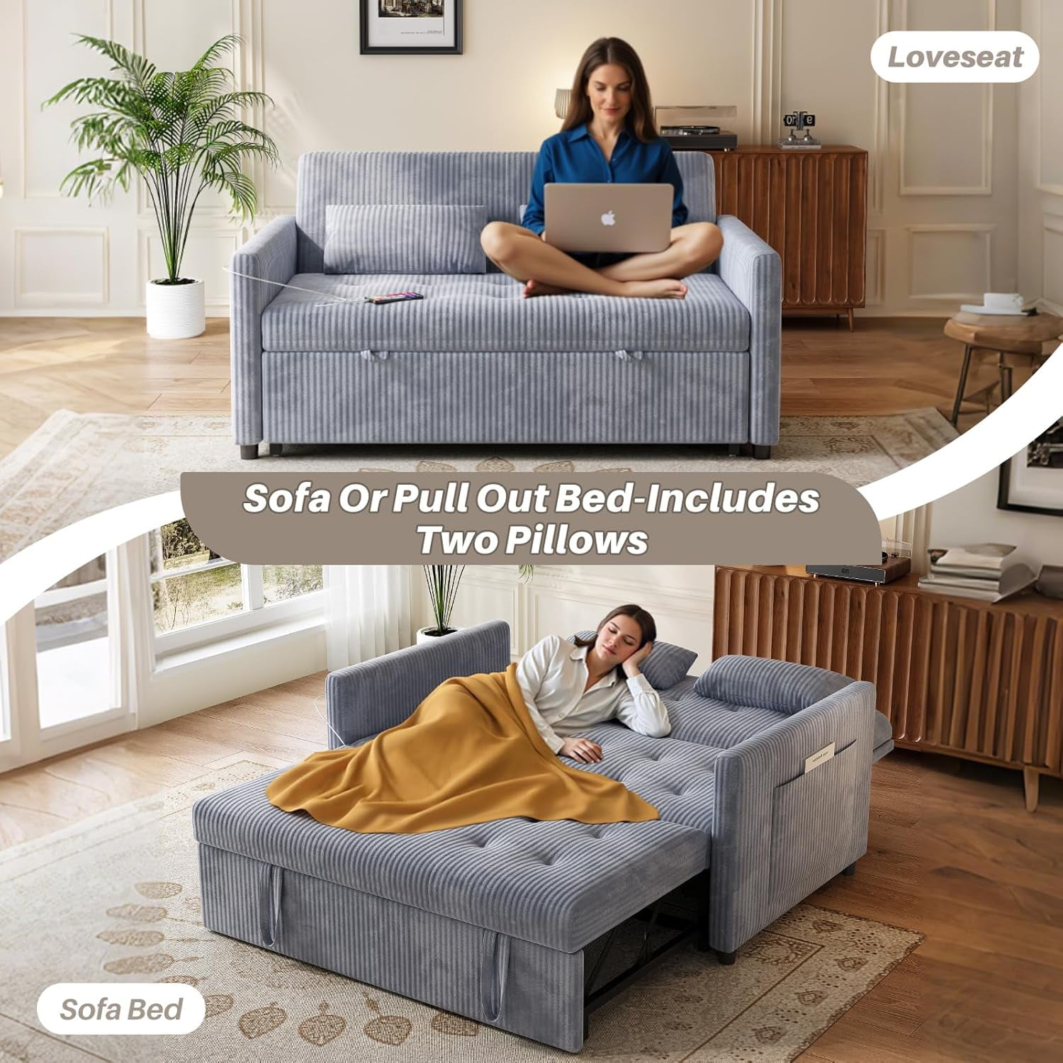 53" Corduroy 3-in-1 Convertible Loveseat Sofa Bed with Pull-Out Sleeper, Adjustable Backrest, USB & Type-C Ports, Storage Pockets, Small Space 2-Seater Couch for Living Room, Bedroom, Apartment, Gray