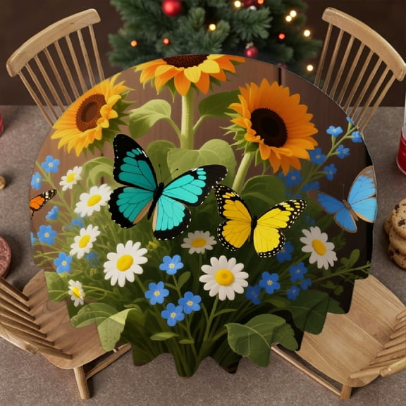 Family Round Tablecloth - Country Rustic Flower Floral Print,  Holiday-Themed Design Kitchen Accessories Tablecloth for dining table round, Cafe, dinner, brunch, buffet, picnic
