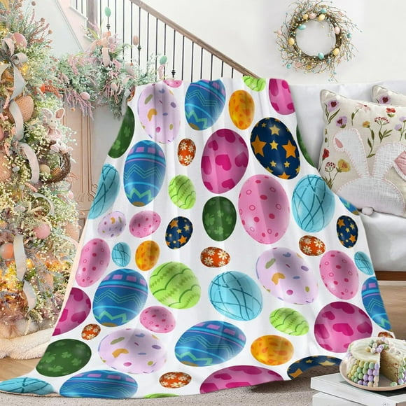 Easter Couverture Jetée en Flanelle Joyeuse Easter Oeufs Colorés Motif Lapin Douillette et Douce en Peluche pour Lit Canapé Salon Sofa Chaise, Cadeaux Easter Oeufs pour Enfants Adultes 39.3x51.2 Pouces-D