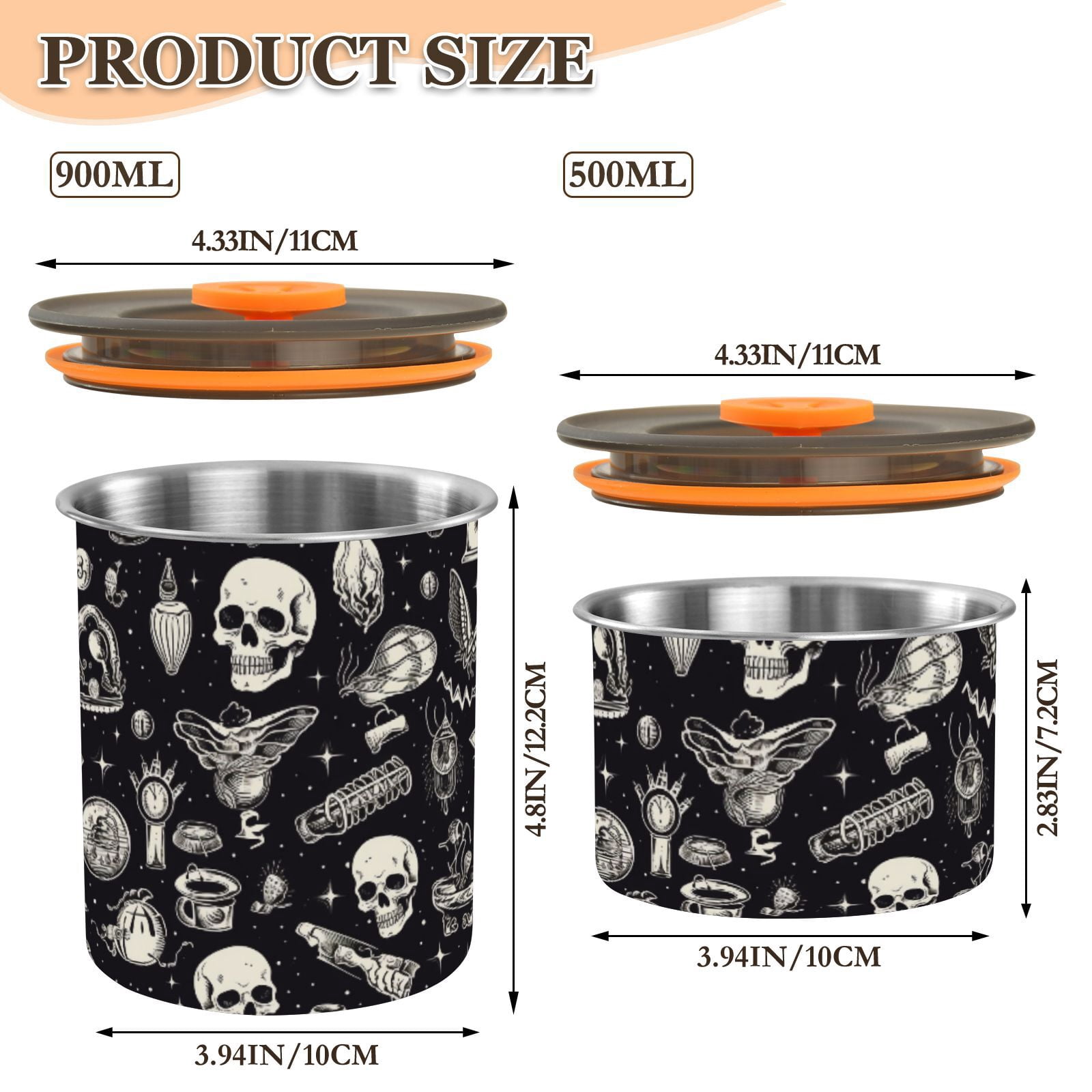 Skull Witchy Airtight Coffee Bean Canister 30oz Food Storage Containers with Lids For Gournd, Tea, Sugar, Flour, Rice, Cereal, Candy Cookie Jar