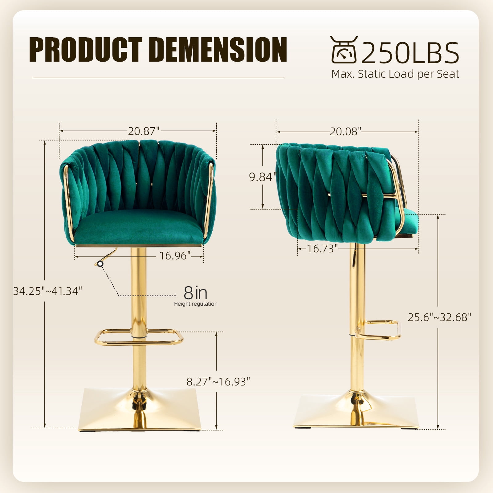 Villeston 360°Swivel Bar Stools Velvet Upholstered Adjustable Bar Chairs Set of 2 with Back & Footrest for Home and Kitchen,Emerald