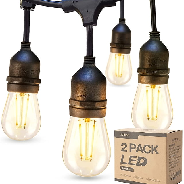 2 Pack 48ft LED Outdoor String Lights with Edison Shatterproof Bulbs Commercial Grade Dimmable Patio Cafe Light, UL Listed Weatherproof Strand 15 Hanging Sockets for Market Bistro Backyard