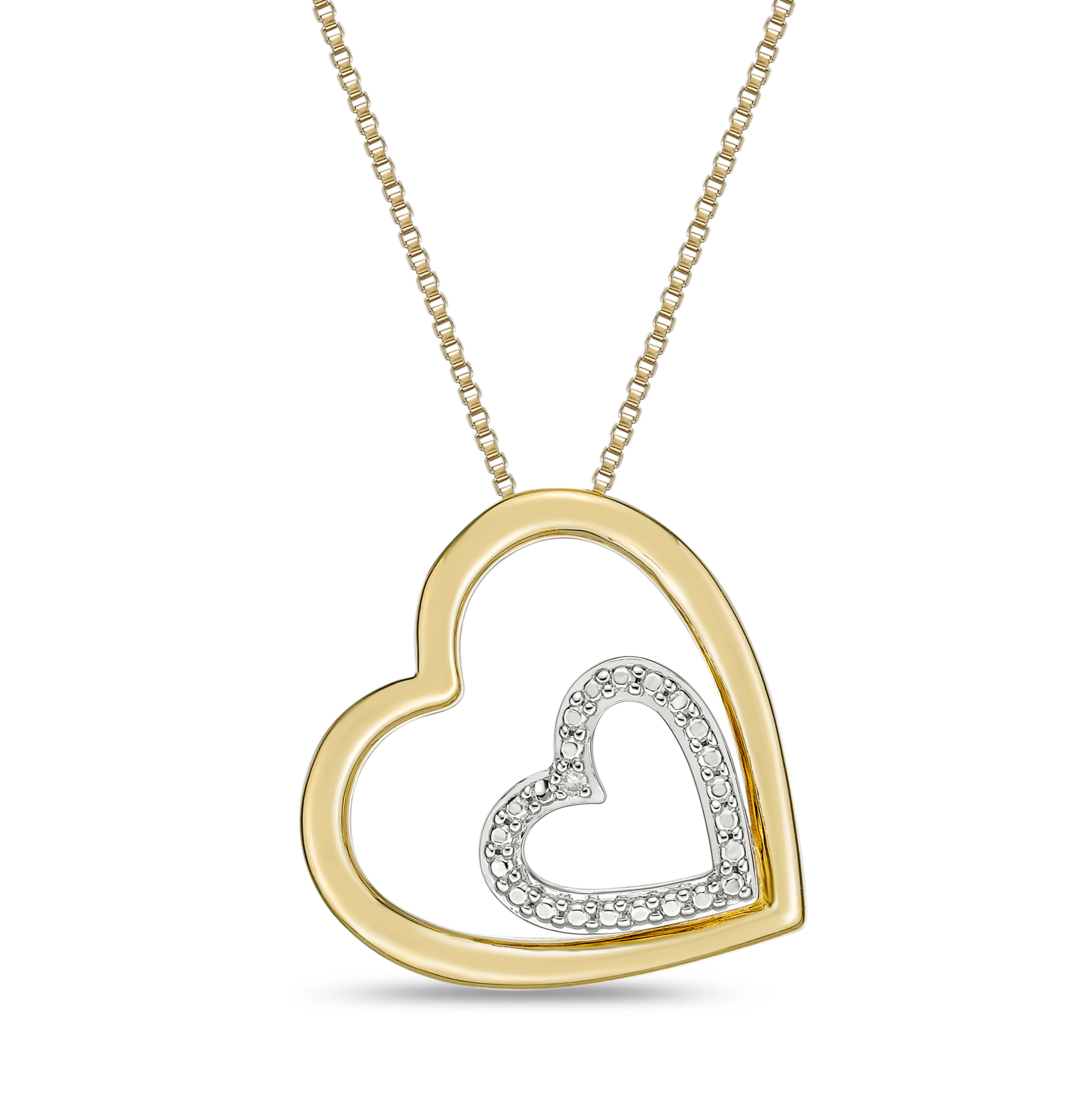 Brilliance Fine Jewelry .925 Sterling Silver and Yellow Gold Double Diamond Heart Pendant Necklace with 18" Chain
