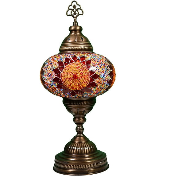 KusKuus Handmade Turkish Lamp, Decorative Moroccan Lamp, Mosaic Boho Bedside Night Lamp, Vintage Mosaic Table Lamp Stained Glass Globe and Brass Colored Base with 8W LED Bulb and US Plug BSC9