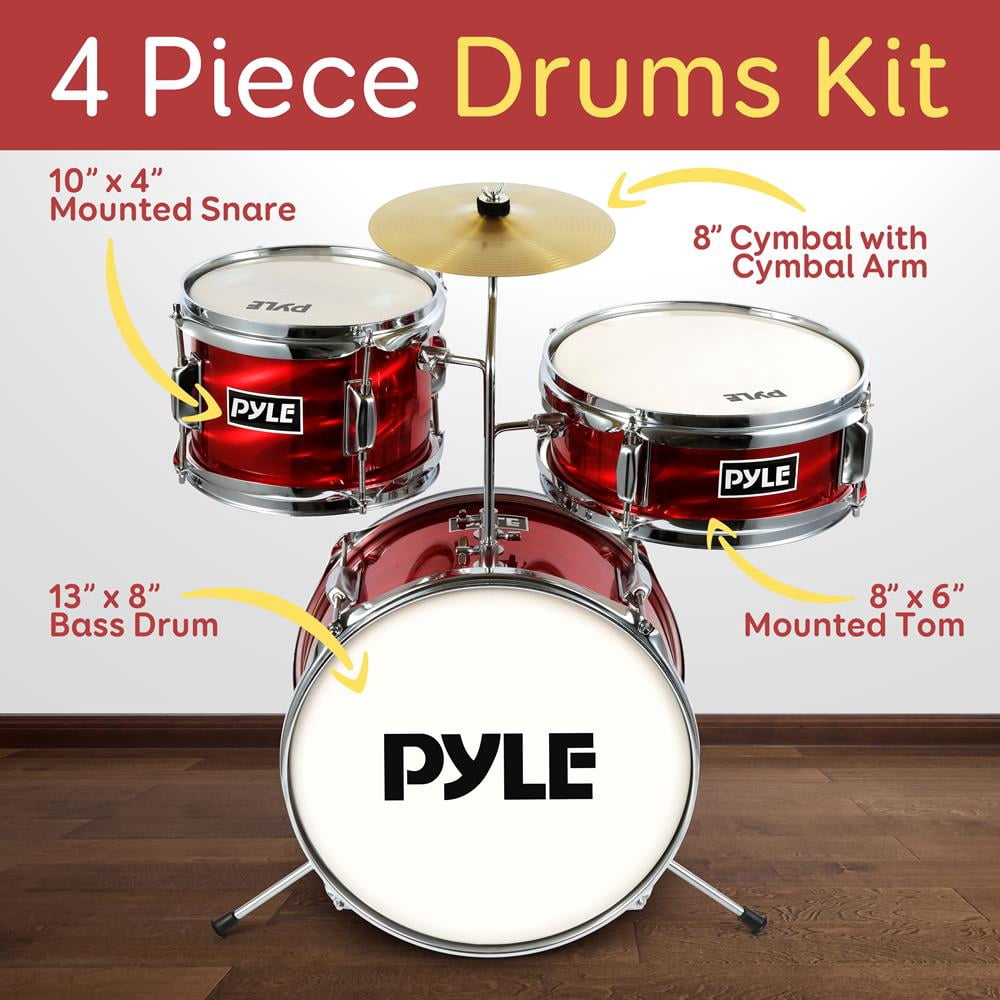 Pyle Drum Set for Kids - 3 Piece Beginner Drum Kit, Silencing Pads 13" Complete Junior Drummer Kit with Wooden Shells, Bass.