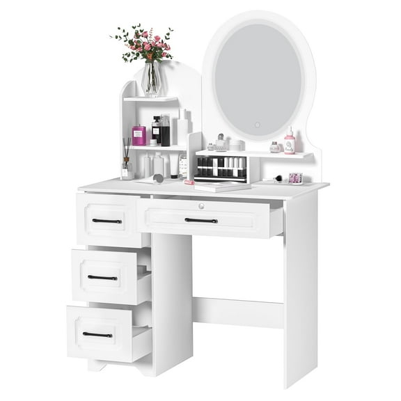 Makeup vanity desk with large mirror, 4 drawers & storage shelves, featuring built-in lights - ideal bedroom dressing table.