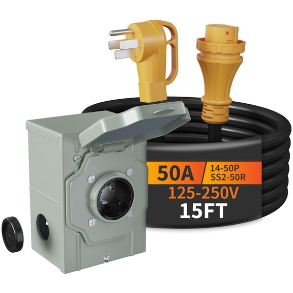 50 Amp Generator Cord and Inlet Box Kit, 15FT Heavy Duty STW 6/3 8/1 AWG Cable with Pre-Drilled NEMA SS2-50P Inlet Box, NEMA 14-50P to SS2-50R 125/250V Twist Lock for Home Backup, ETL Listed