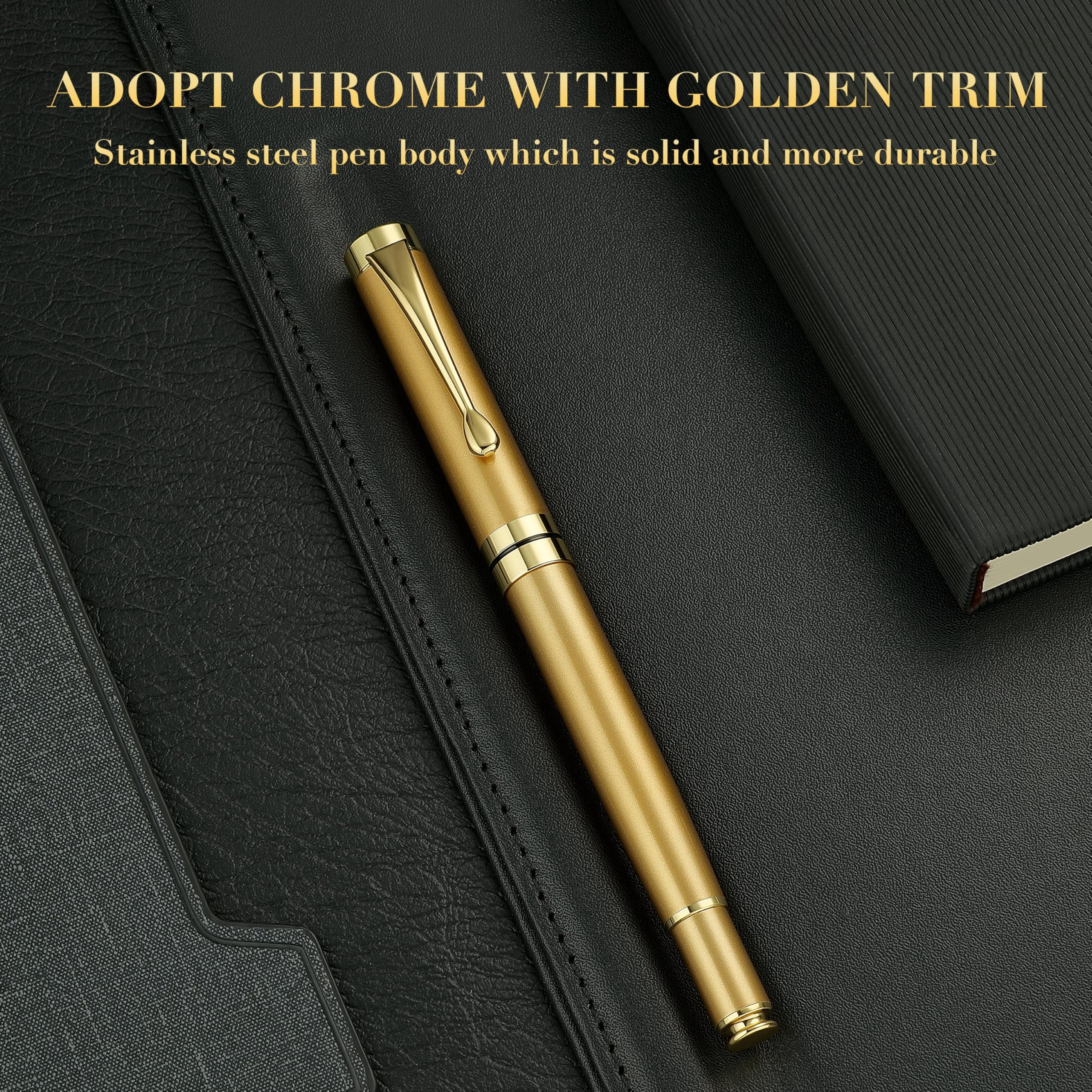 Ballpoint Pens  Stainless Steel With Chrome Trim Luxury Golden Metal Pen Set Ball Gift For Men & Women Professional Executive Office Fancy Pens-nice Box Extra Refill