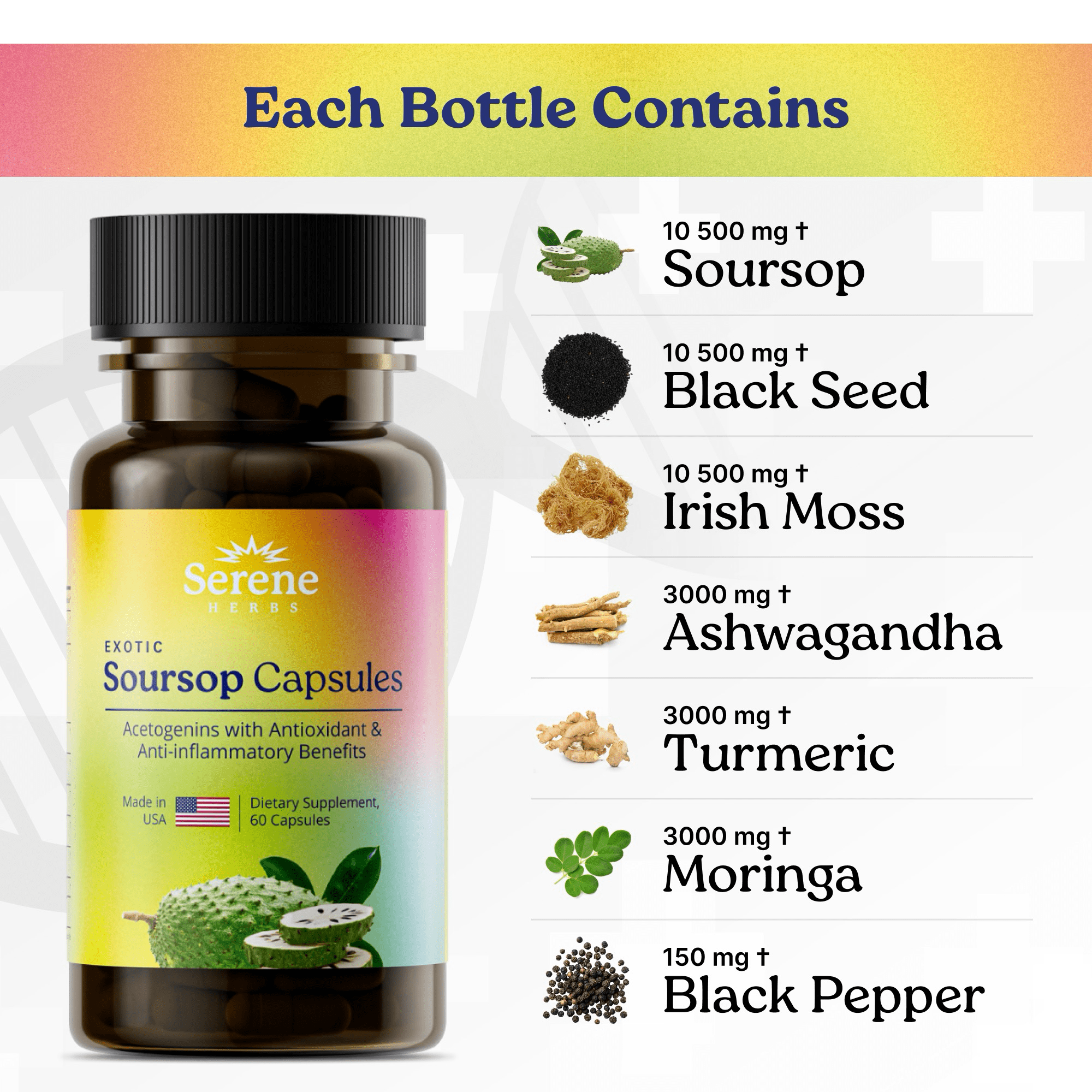Serene Herbs Soursop Bitters & Soursop Capsules – Vegan Herbal Blend with Black Seed, Turmeric, Moringa, Ashwagandha & More – 60 Capsules