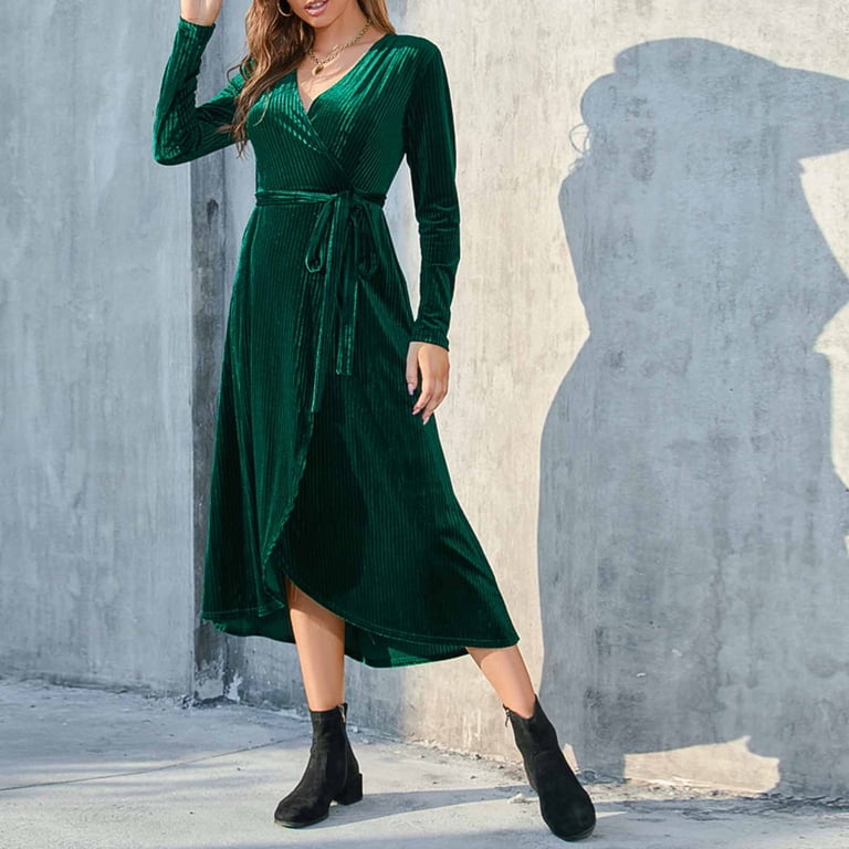 Lilgiuy Women's Long Wleeve V Neck Temperament Slim High Waist Gloves Retro Dress Dress Green 2022 Fall Winter, Size: 8(Large)