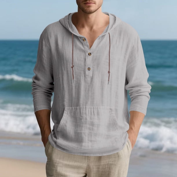 pstuiky camisas de hombre de manga larga, Suéter playero informal de manga larga con capucha y cordón ajustable para hombre Tops casuales para hombres s