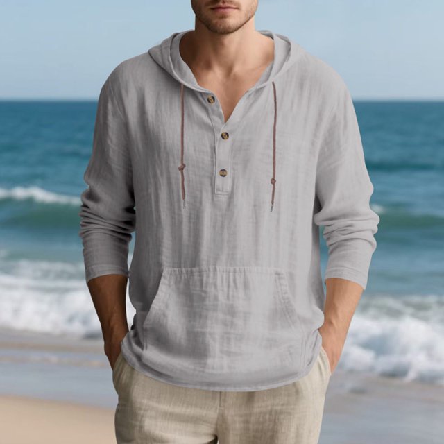 Blusa informal de manga larga con capucha para hombre, con cordón ajustable, de poliéster, con botones y cuello alto para playa