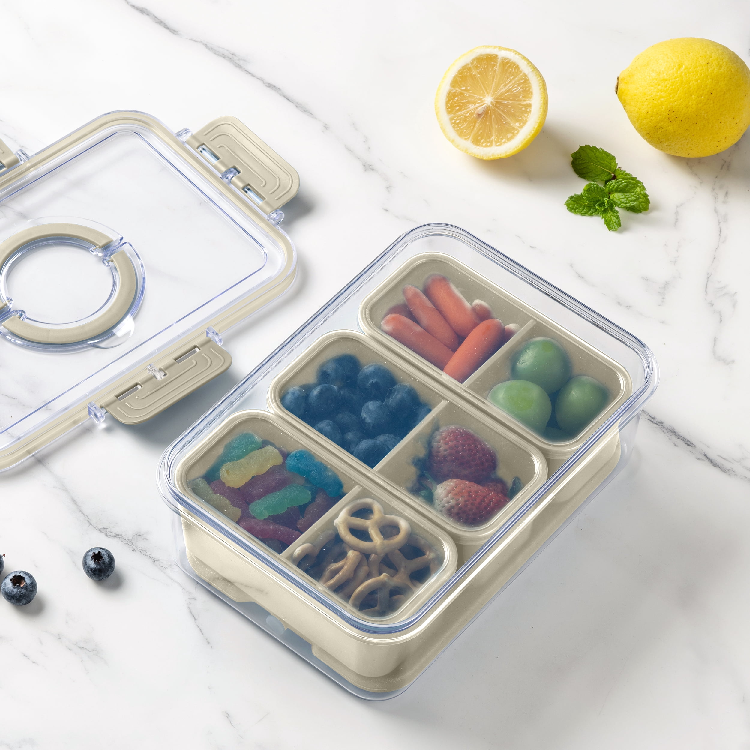 Cook with Color 3-Compartment Portable Snack Box Food Storage Container with Removable Ice Pack, Taupe