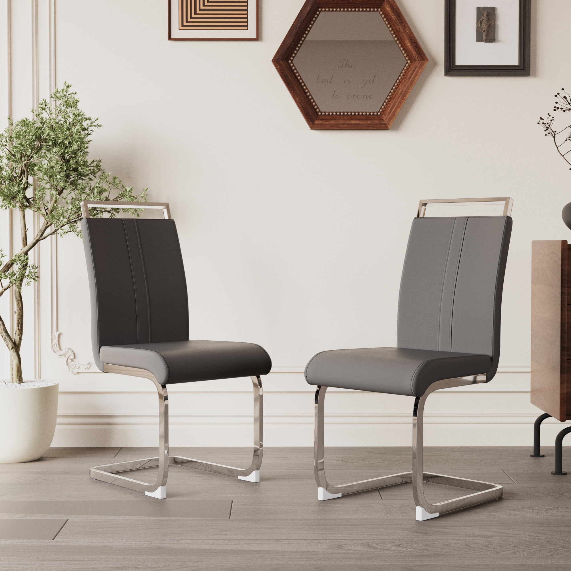 Dining Chairs Set of 4 PU Leather High Back Upholstered Chairs with Gold Metal Legs for Home Kitchen Dining Room Patio, Grey