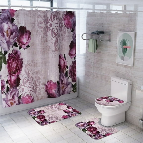 4 Pcs Bathroom Shower Curtain Set Purple Peony Shower Curtain Bathroom Sets with Rugs (Bath Mat,U Shape and Toilet Lid Cover Mat) and 12 Hooks