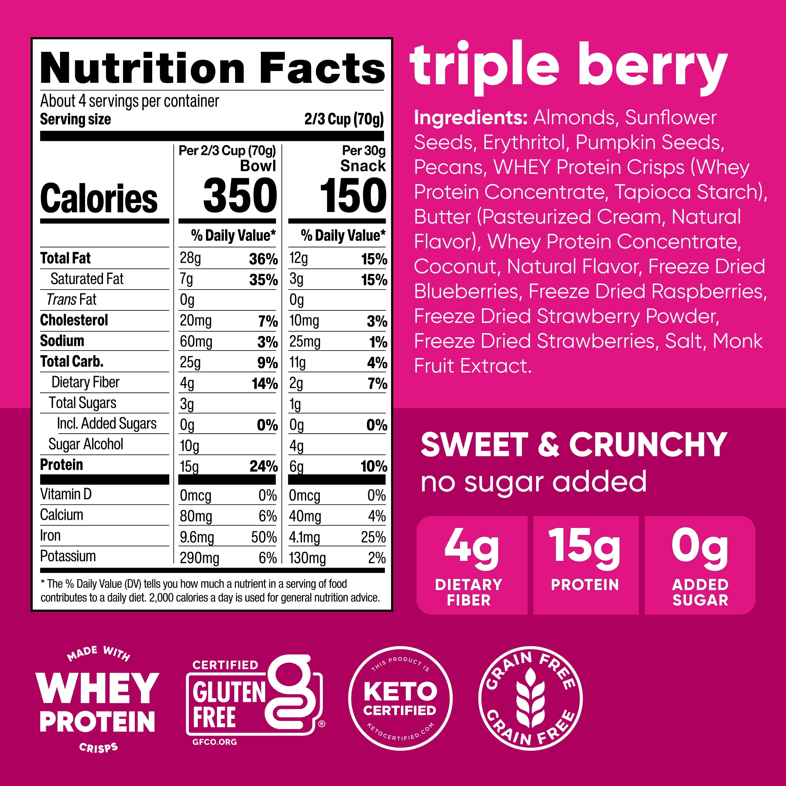 NuTrail 15g Protein Nut Granola Cereal, Triple Berry, No Sugar Added, Keto, Low Carb, Gluten Free, Grain Free, Healthy Breakfast, 10 oz, 1 Count
