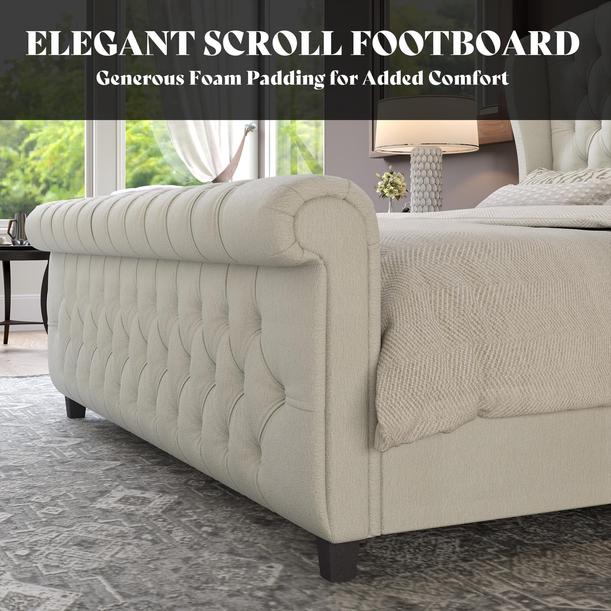 VanAcc California King Size Platform Bed Frame, Velvet Upholstered Sleigh Bed with Scroll Wingback Headboard & Footboard/Button Tufted, Cream