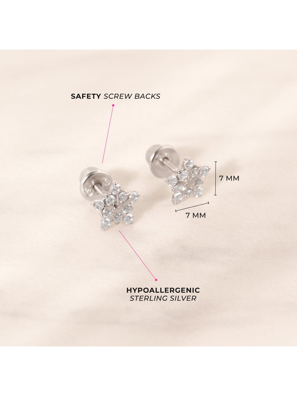 Twinkling Snowflake Kids / Girls Earrings Screw Back - Sterling Silver
