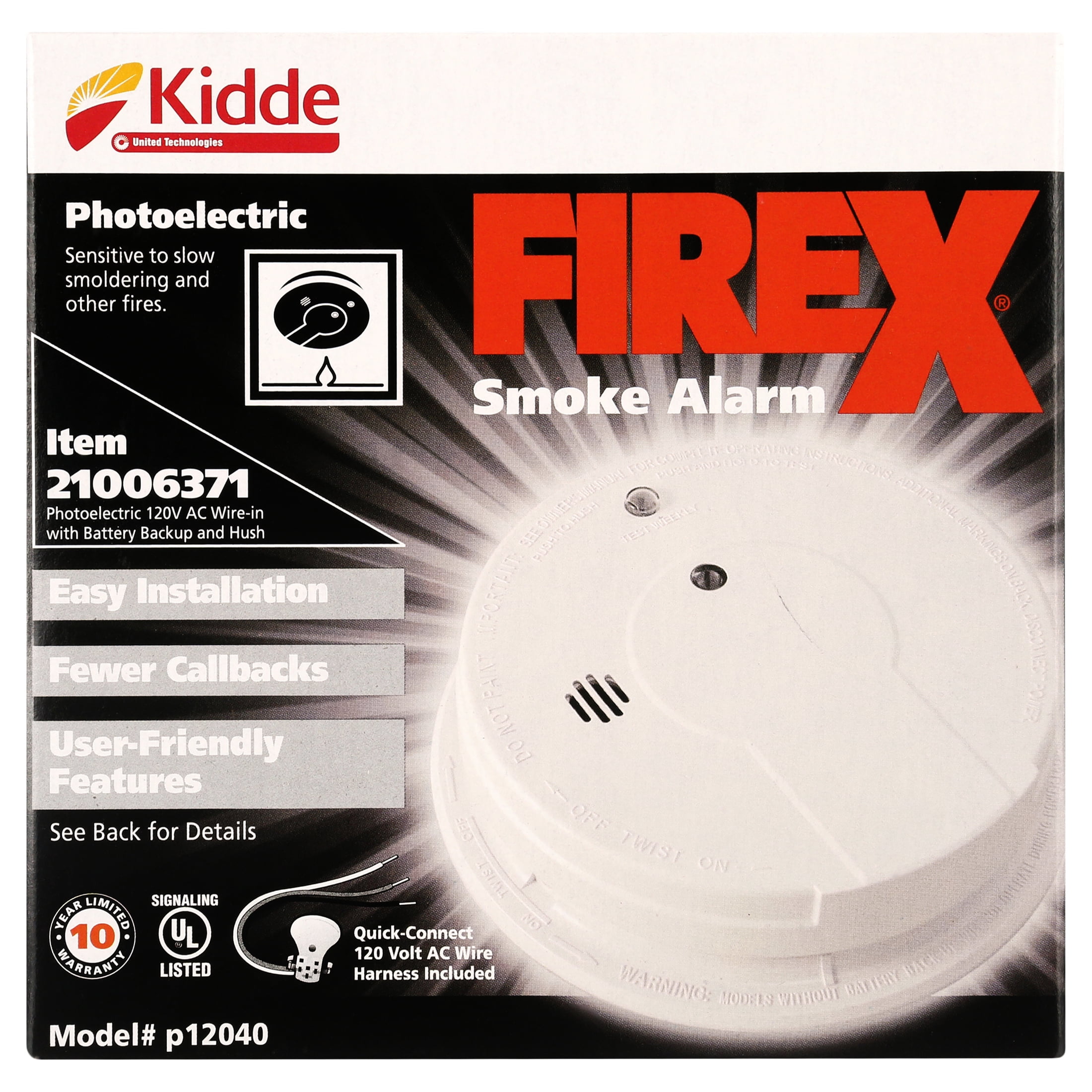 21006371 120V Photoelectric Smoke Alarm w/ Battery Backup Kidde FIREX P12040 