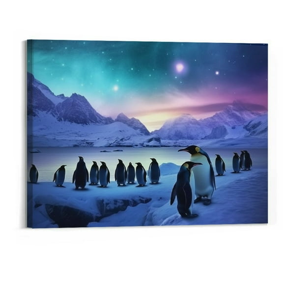 Creowell  Northern Lights Canvas Print Penguins on Iceberg Landscape Picture Aurora Borealis Wall Art for Living Room Home Decoration Framed Ready to Hang 20x16 Inch