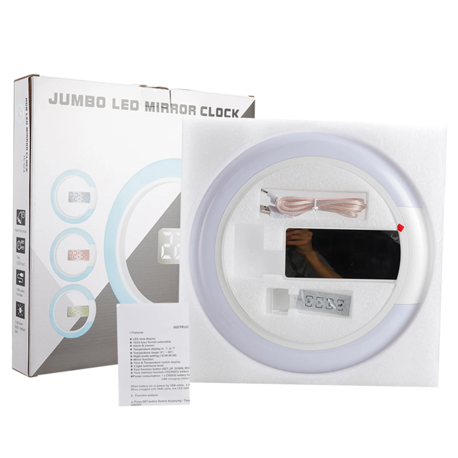 LED Mirror Hollow Wall Clock with Remote Control Round Digital Alarm Clock Wall Decoration Light 7 Color Night Light 12/24H Mode