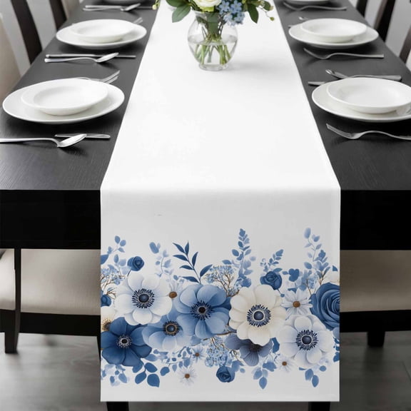 White Blue Floral Table Runner 48 Inches Long, Elegant Leaves Spring Flowers Kitchen Coffee Dining Table Decoration for Home Party Birthday Wedding Home Decor 13x48 Inches