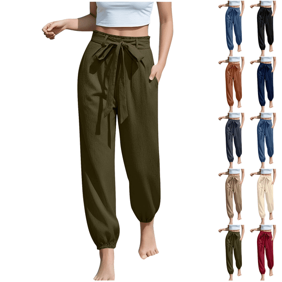 Womens Summer Linen High Waist Dressy Joggers Bow-Knot Loose Business Casual Pants for Vacation Travel Beach Trousers with Pockets Size S-2XL