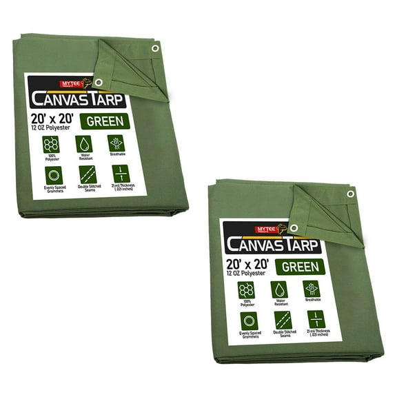 (2 Pack) 20' x 20' Green Canvas Tarp 12oz Heavy Duty Water Resistant