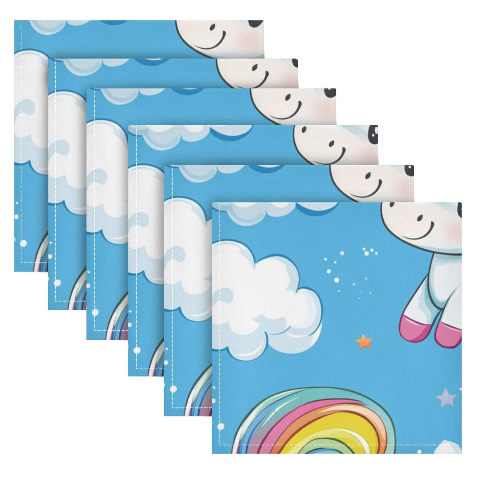 JSTEL Cute Rainbow Unicorns Cartoon Cloth Napkins Set of 6, 20x20 Inch Washable and Reusable Napkin for Decoupage Dinner Party Everyday Use