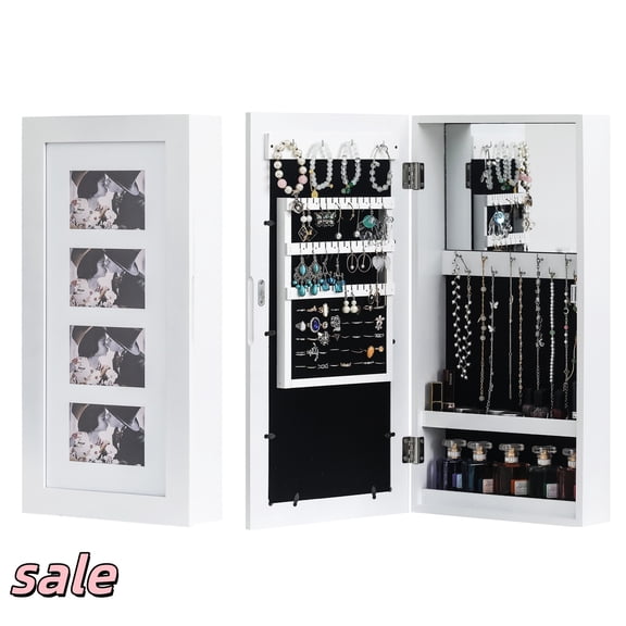 Hassch Wall/Door Mounted Jewelry Cabinet with Inside Mirror, Necklace Hooks and Jewelry Storage, Jewelry Armoire for Bedroom, White