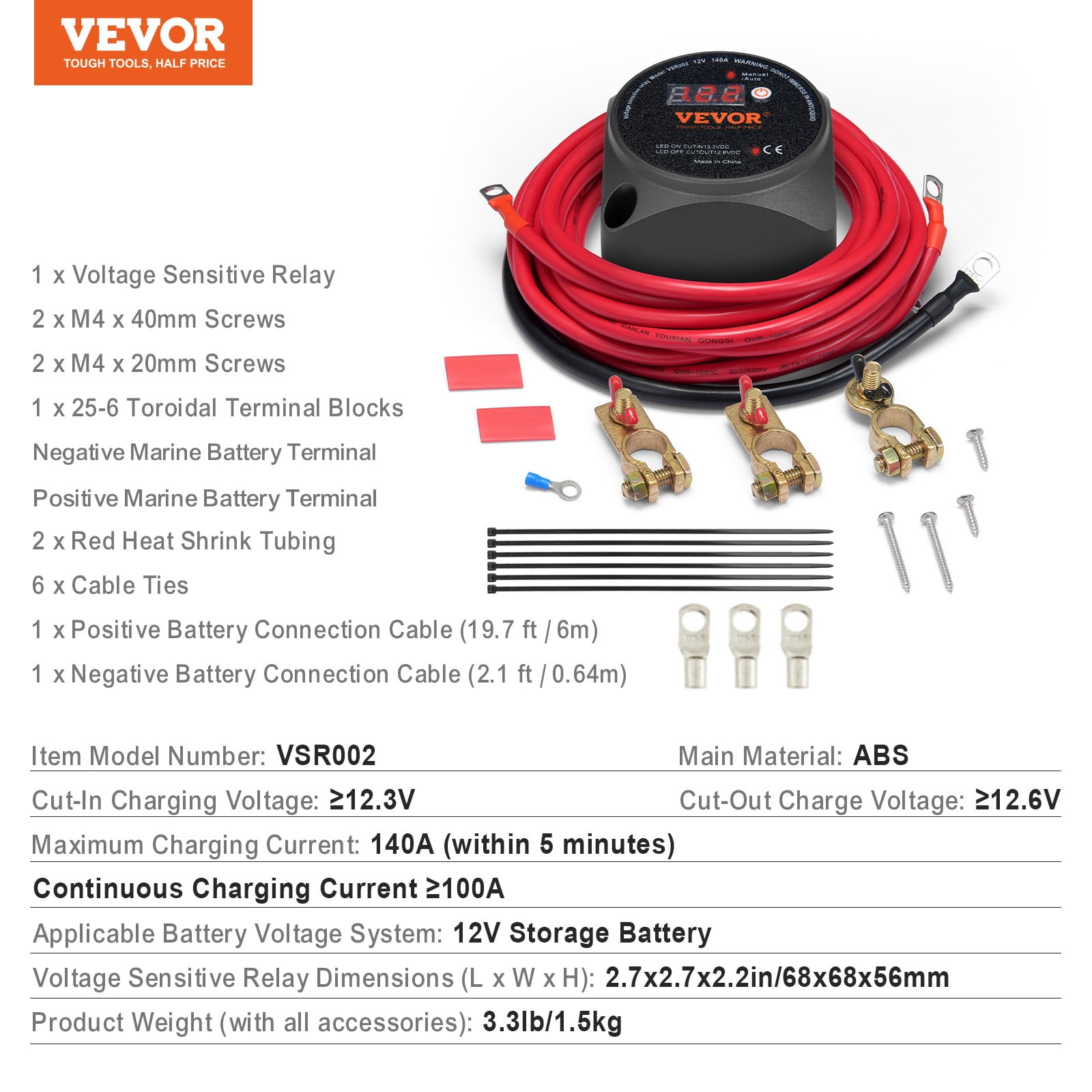 VEVOR Dual Battery Isolator Kit, 12V 140Amp, Manual and Auto Modes VSR Voltage Sensitive Relay with LCD Screen, Smart Battery Isolator for ATV UTV RV Camper Off-Road Vehicle Caravan Truck Boat Yacht