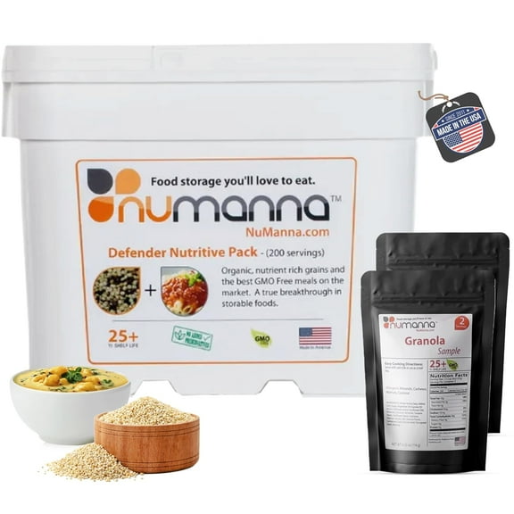 NuManna Defender Nutritive Pack – 204 Servings Emergency Food Supply Bucket | 1-Month Supply | Non-GMO Survival Meals with Organic Grains & Superfoods | Easy Prep | Camping & Daily Use