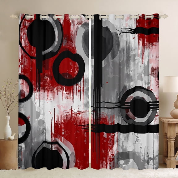 Manfei Black Red Gray Blackout Curtains Set of 2 (52x84 Each), Contemporary Abstract Art Window Curtains, Geometric Aesthetic Curtains and Drapes, Luxury Home Decor