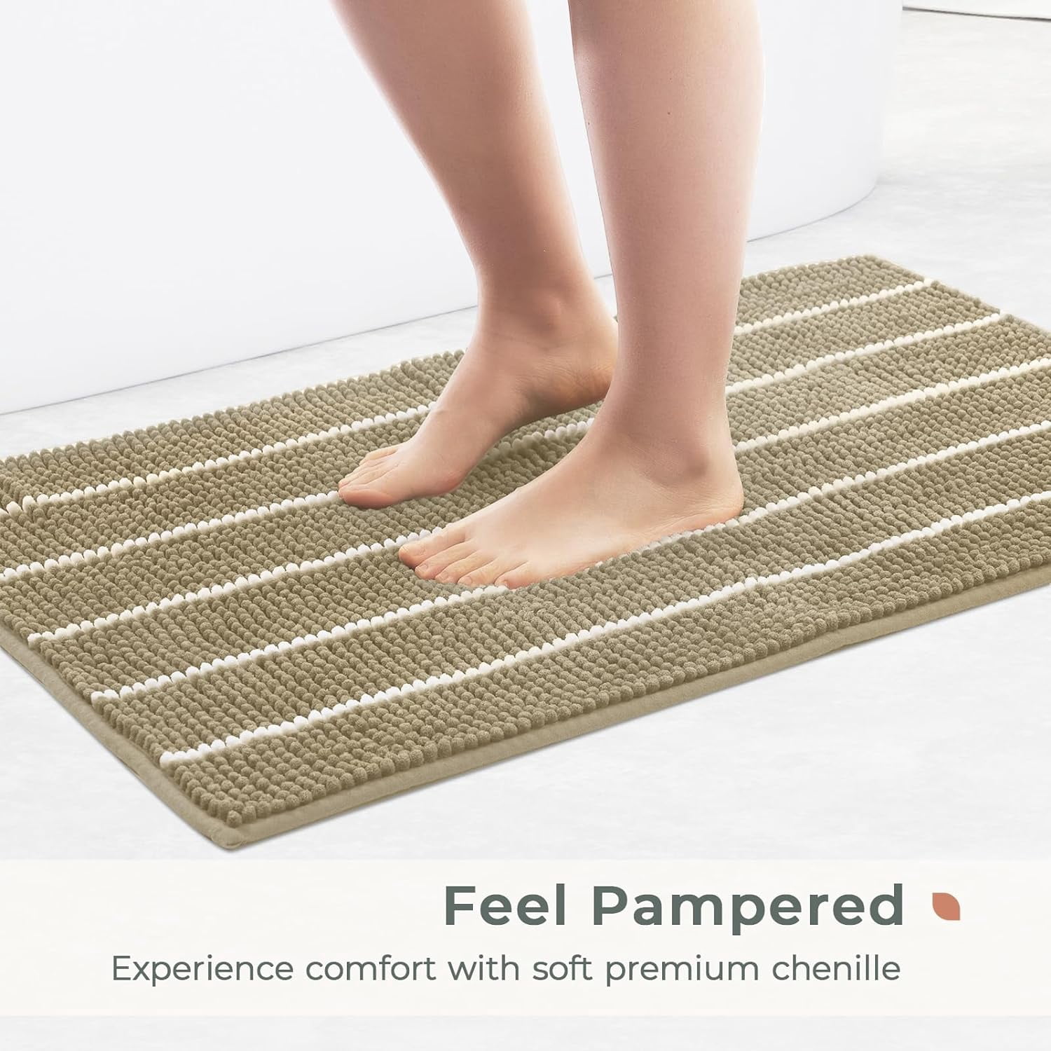 Stripe Chenille Bathroom Rugs Set 2 Piece 17"x24"+20"x32", Water Absorbent Soft Bath Mat for Bathroom, Non Slip Bath Rug Washable Quick Dry Shower Mats, Beige and White