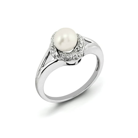 - 925 Sterling Silver Round Twist White Freshwater Cultured Pearl and Diamond Ring