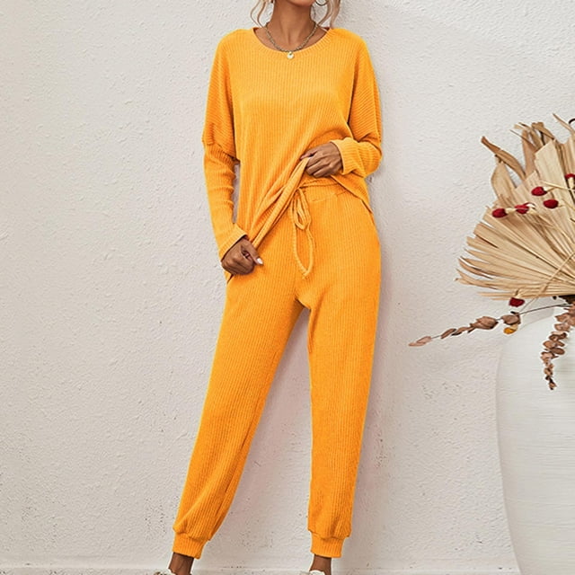 Frostluinai Lounge Sets for Women Solid Ribbed Knit 2 Piece Long Sleeve Crew Neck Pullover Drawstring Pants Plus Size Loungewear Sets