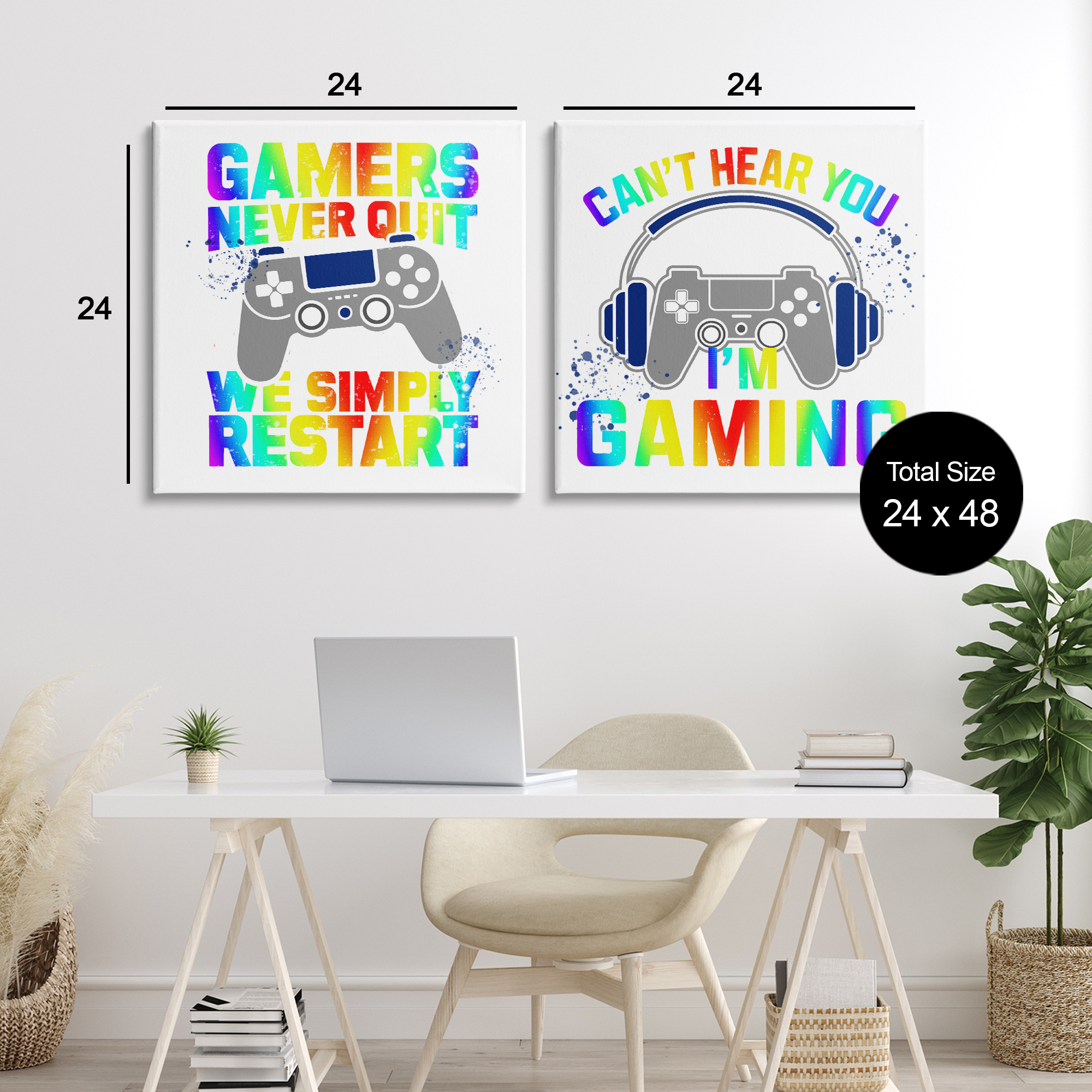 Rainbow Retro Gaming Phrases 2 Piece Canvas Wall Art Set, design by Kim Allen