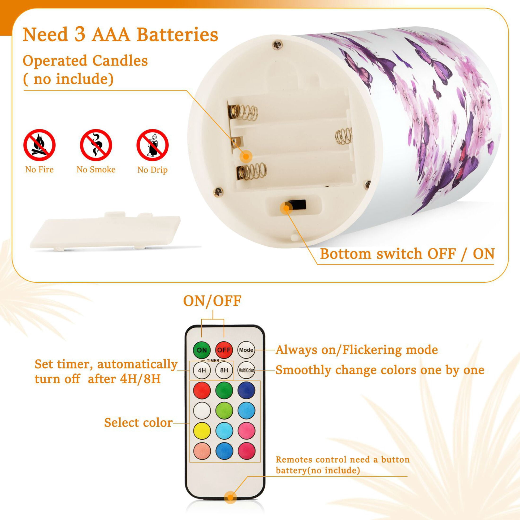Wobogo Purple Butterfly Pink Floral Combo Flameless Flickering Candle Light with Remote Control and Timer for Romantic Atmosphere