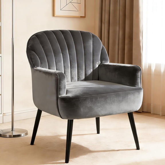 Grey Modern Upholstered Living Room Chairs Velvet Accent Chair, Luxury Single Sofa Armchair with Metal Legs, Comfy Barrel Chairs