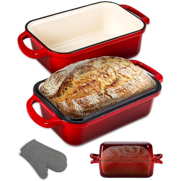 NutriChef 9” x 5” Enamel-Coated Cast Iron Bread Loaf Pan with Lid, Handles and Silicone Gloves Perfect for Baking Bread and Sourdough Making (Red)