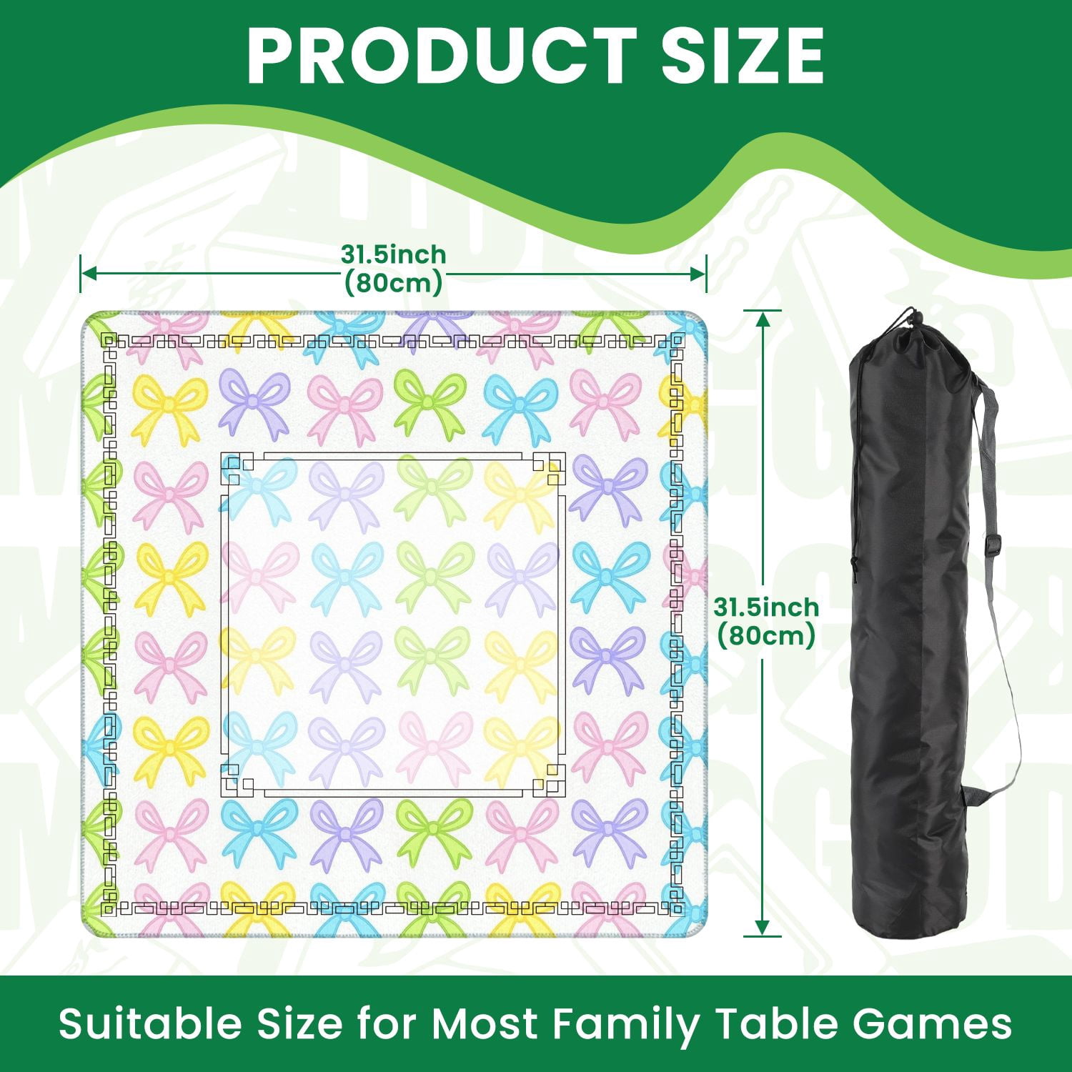 Mahjong Mat 31.5" x 31.5" Colorful Pastel Bow Soft Pink Blue Yellow Green Bows White Non-Slip Noise Reduction American Mahjong Tiles Table Cover for Dominoes Poker Card Board Games Gift