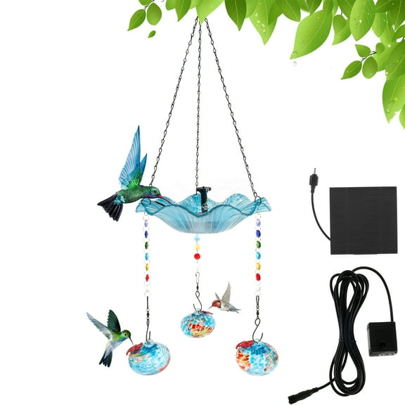 Hummingbird Feeder and Bird Bath for Outdoors 2-in-1 for Small Birds - Hummingbird Bath Fountain with 3 Red Feeder Pots - Hanging Solar Bird Bath Fountains