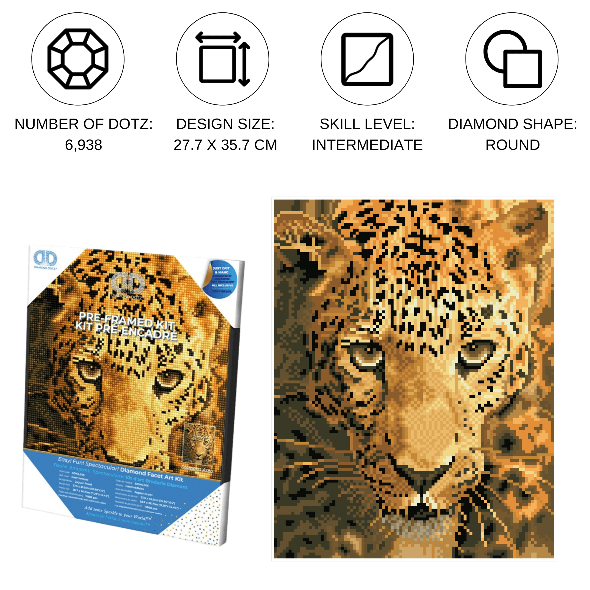 Diamond Dotz Jaguar Prowl with Frame Animal Diamond Painting Kits for Adults - Diamond Art Kits a Relaxing Creative Craft Kit with Dotz Gems 10.8"x14"